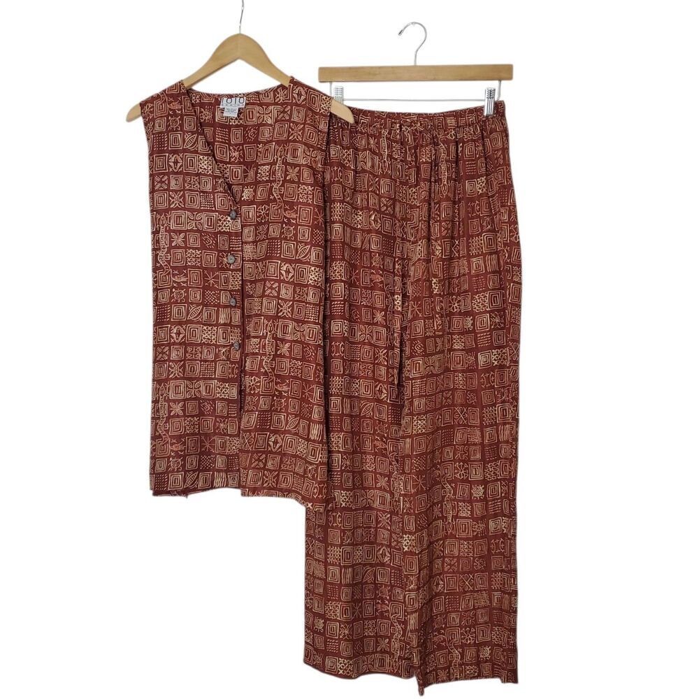 Vtg 1010 Design Silk Tunic Top Vest Pants Set Sz L Batik Print Lagenlook Brown